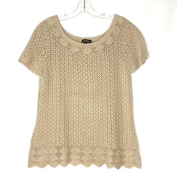 LAST CHANCE! Eddie Bauer Vintage 90s Tan Hand Crocheted Top - Picture 1 of 8